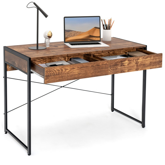 Rustic 2-Drawer Office Desk with Steel Frame and Storage