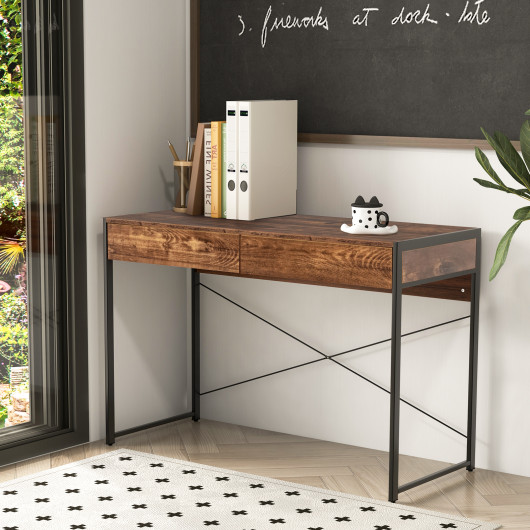 Rustic 2-Drawer Office Desk with Steel Frame and Storage