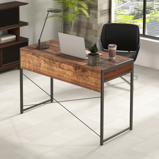 Rustic 2-Drawer Office Desk with Steel Frame and Storage