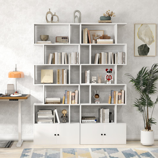 S Shaped 6 Tier Bookshelf with Cabinet and Doors