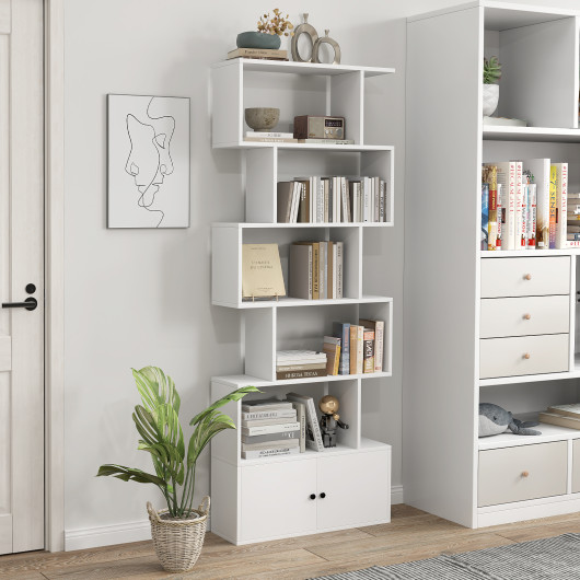 S Shaped 6 Tier Bookshelf with Cabinet and Doors