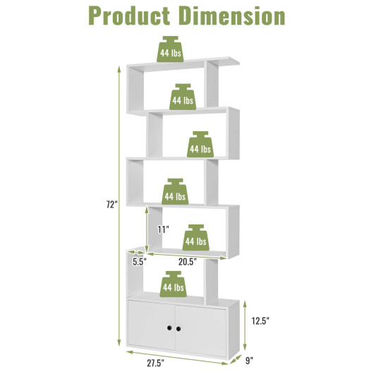 S Shaped 6 Tier Bookshelf with Cabinet and Doors