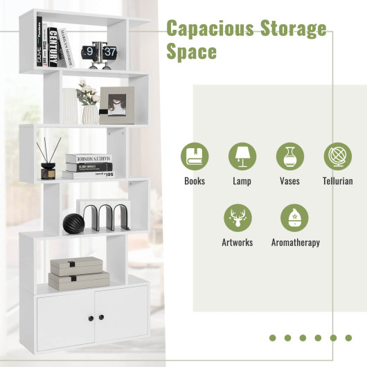 S Shaped 6 Tier Bookshelf with Cabinet and Doors