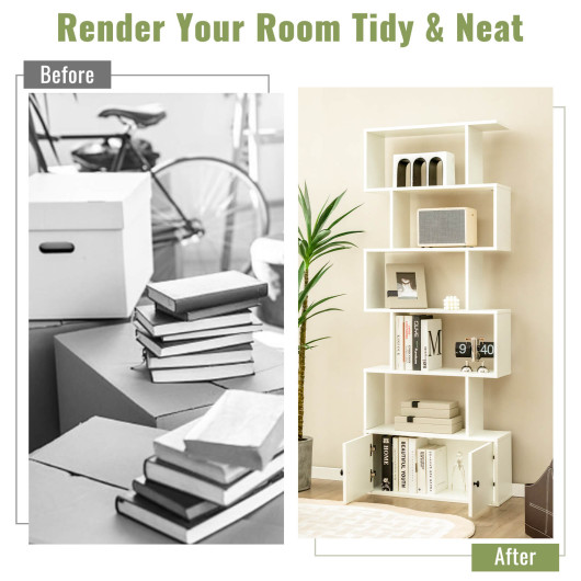 S Shaped 6 Tier Bookshelf with Cabinet and Doors