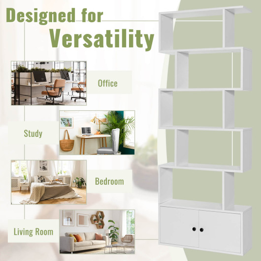 S Shaped 6 Tier Bookshelf with Cabinet and Doors