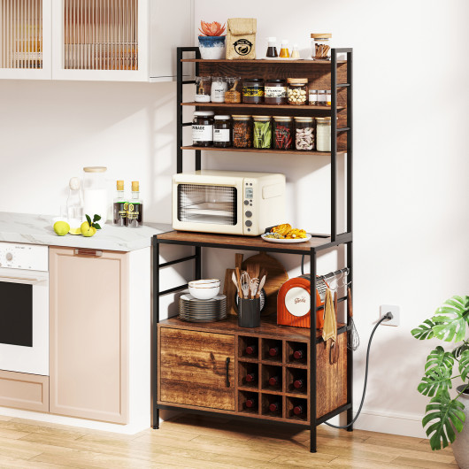 Rustic Coffee Bar Cabinet with Power Outlet and Wine Storage