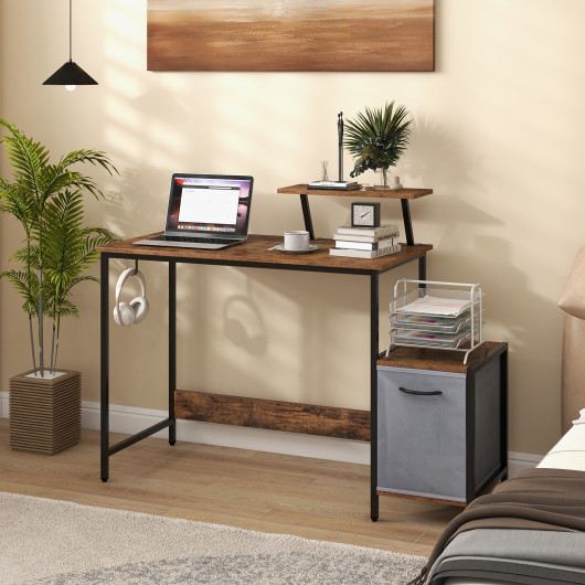 Rustic Brown Computer Desk with Charging Ports and Fabric Drawer - Image 2