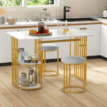Compact Faux Marble Dining Table with 2 Stools and Shelves (Set of 3)