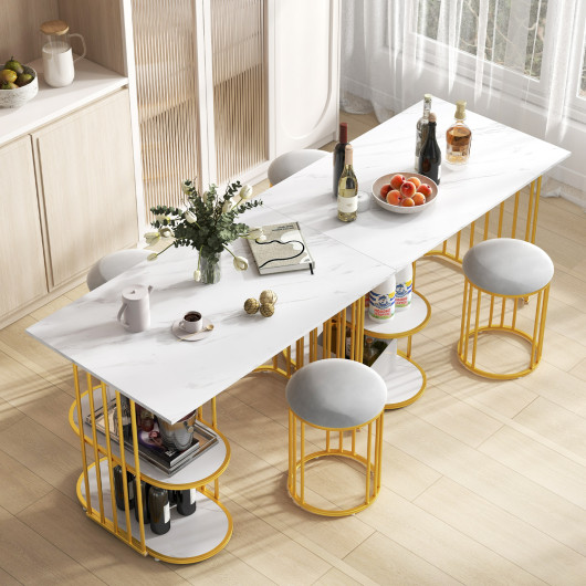 Compact Faux Marble Dining Table with 2 Stools and Shelves (Set of 3) - Image 2