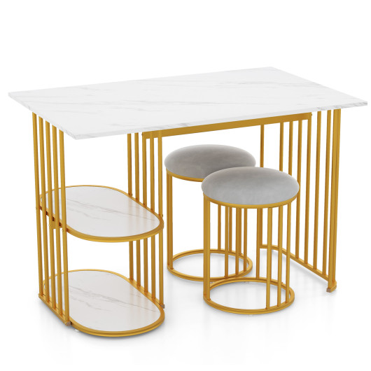 Compact Faux Marble Dining Table with 2 Stools and Shelves (Set of 3) - Image 3