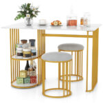 Compact Faux Marble Dining Table with 2 Stools and Shelves (Set of 3)