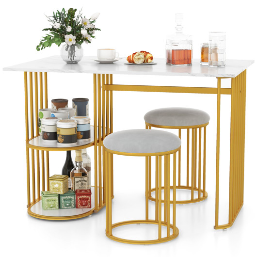 Compact Faux Marble Dining Table with 2 Stools and Shelves (Set of 3) - Image 4