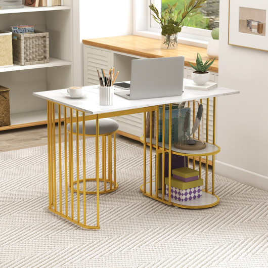 Compact Faux Marble Dining Table with 2 Stools and Shelves (Set of 3) - Image 6