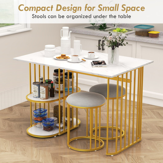 Compact Faux Marble Dining Table with 2 Stools and Shelves (Set of 3) - Image 7