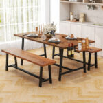 Industrial Dining Table Set with Wine Rack and Footrests (Set of 3)