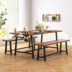 Industrial Dining Table Set with Wine Rack and Footrests (Set of 3)