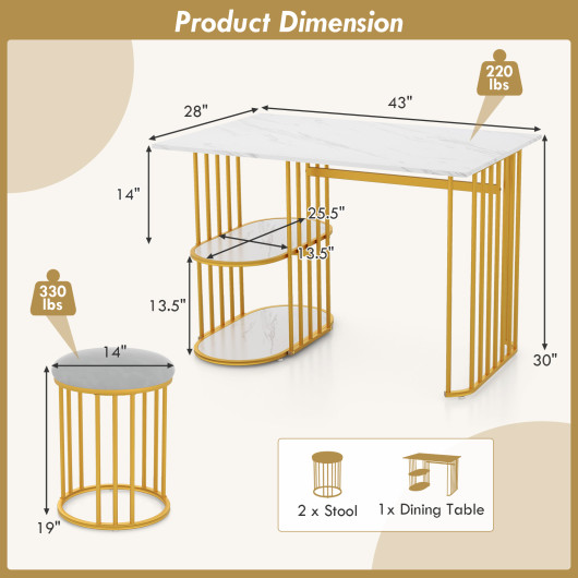 Compact Faux Marble Dining Table with 2 Stools and Shelves (Set of 3) - Image 5