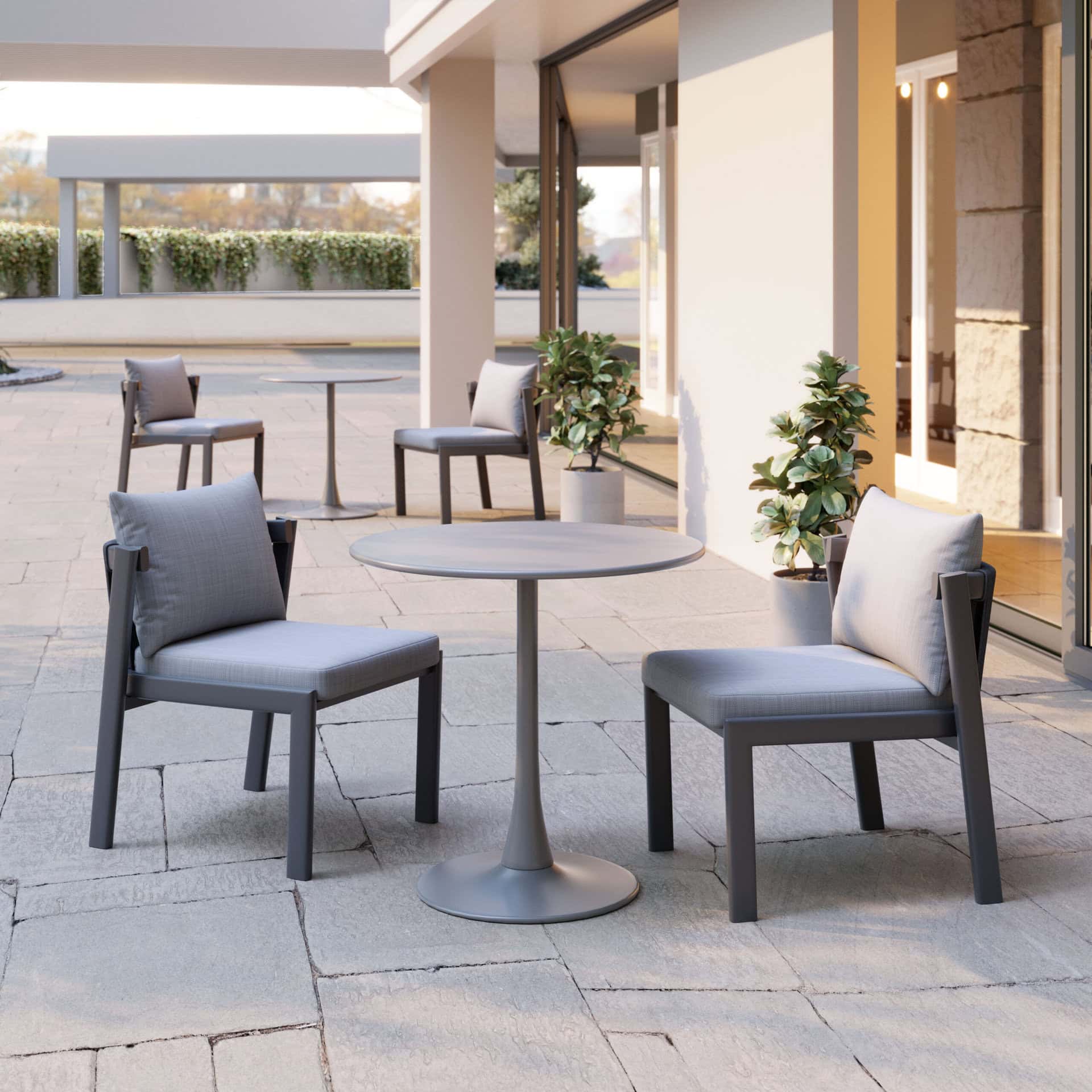 Gray Round Dining Table with Aluminum Frame and Sunburst Design