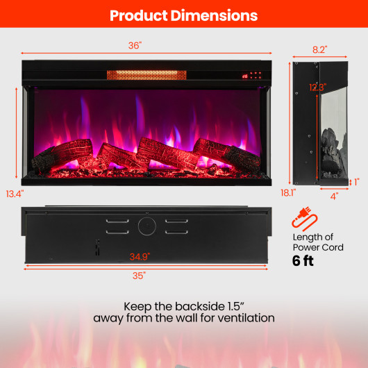 36 Inch 3-Sided Electric Fireplace with Adjustable Flame Settings