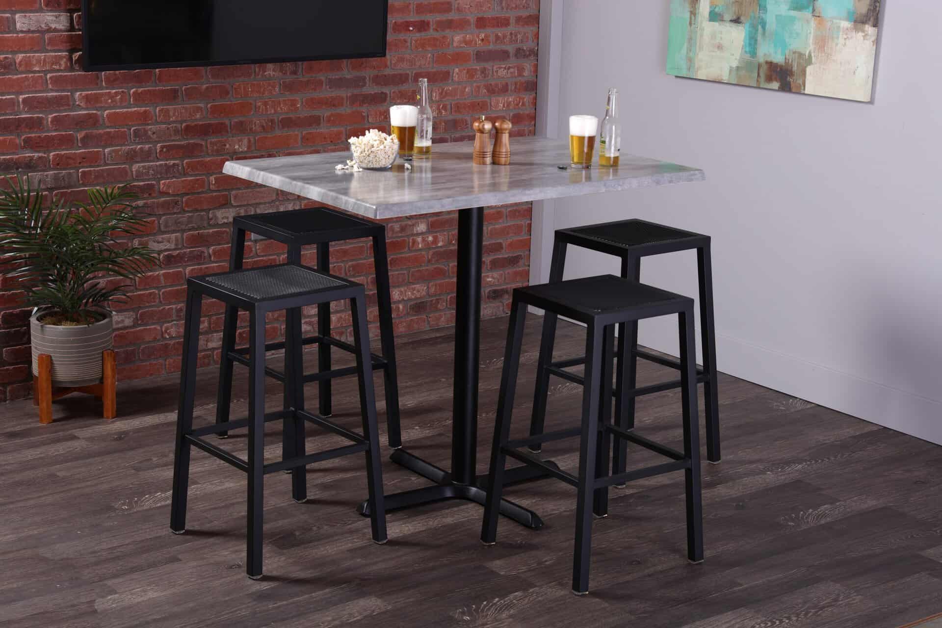 42-inch tall indoor/outdoor table with 30 x 30-inch diameter greystone square top with umbrella hole, brushed aluminum base, and 18-inch diameter foot