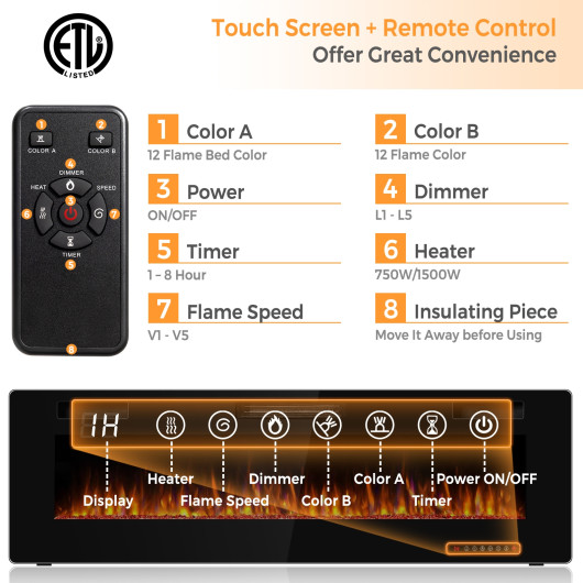 60 Inch Wall-Mounted Electric Fireplace with Adjustable Flame Settings