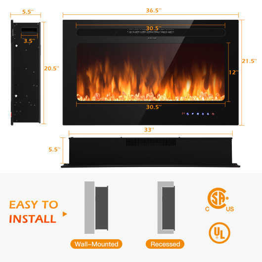 36 Inch Wall Mounted Electric Fireplace with Timer and Heater