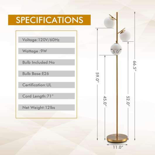 Golden 3-Globe Floor Lamp with Weighted Base and Foot Switch
