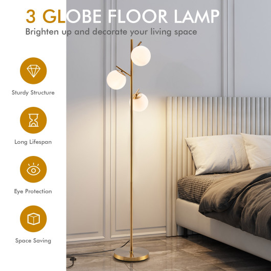 Golden 3-Globe Floor Lamp with Weighted Base and Foot Switch