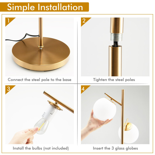Golden 3-Globe Floor Lamp with Weighted Base and Foot Switch