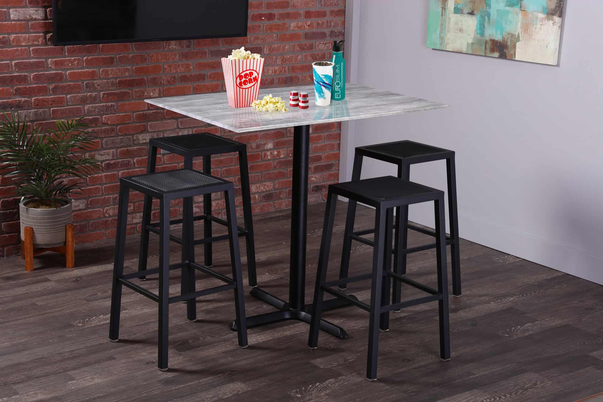 42-inch tall indoor/outdoor table with 32 x 32-inch diameter black marble square top with umbrella hole, brushed aluminum base, and 18-inch diameter foot