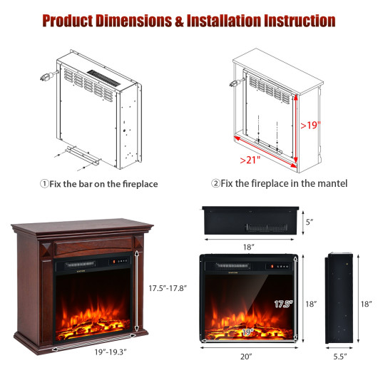 18 Inch Freestanding or Recessed Electric Fireplace Heater 1500W