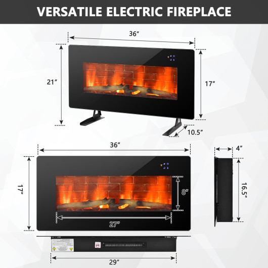 36 Inch Wall Mounted Electric Fireplace with Remote Control