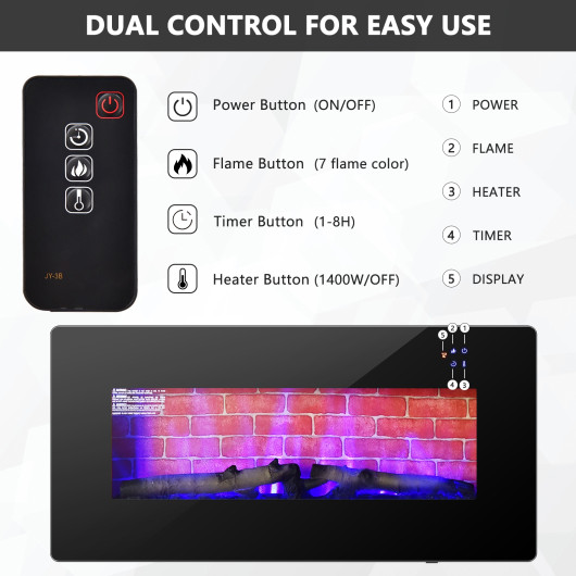 36 Inch Wall Mounted Electric Fireplace with Remote Control