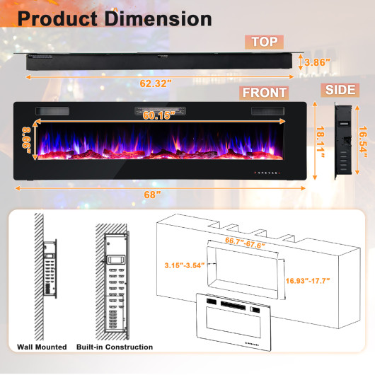 68 Inch Wall Mounted Electric Fireplace with Multicolor Flames