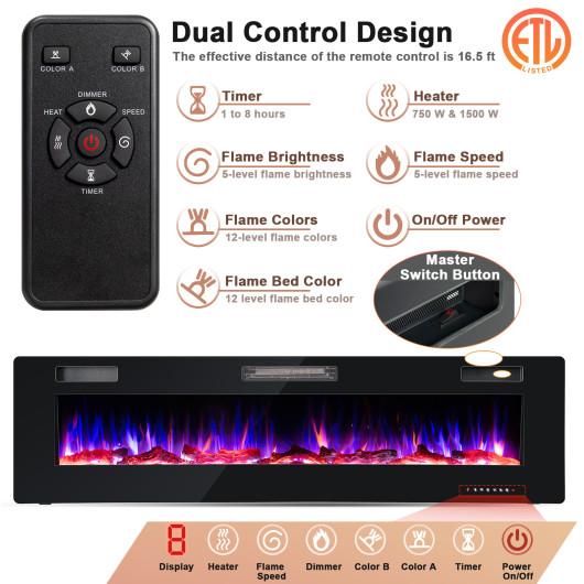 68 Inch Wall Mounted Electric Fireplace with Multicolor Flames