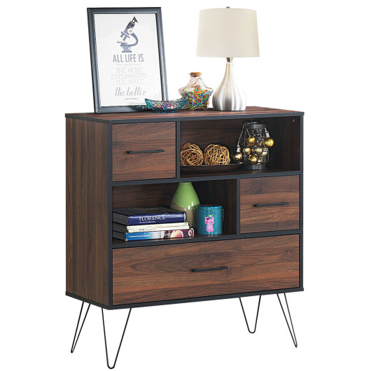 Walnut Storage Cabinet with Drawer, Shelves, and Metal Legs