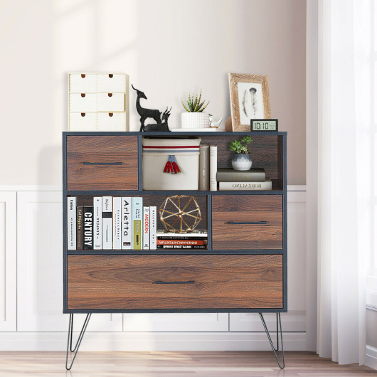 Walnut Storage Cabinet with Drawer, Shelves, and Metal Legs