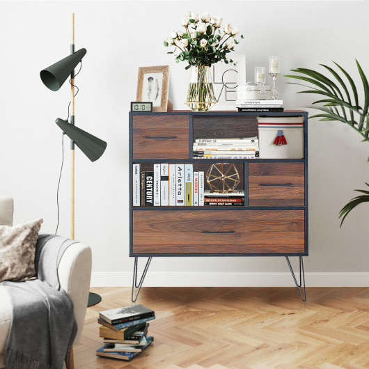Walnut Storage Cabinet with Drawer, Shelves, and Metal Legs