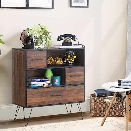 Walnut Storage Cabinet with Drawer, Shelves, and Metal Legs