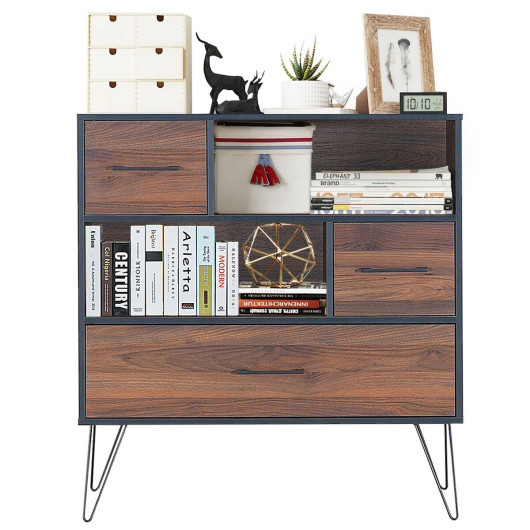 Walnut Storage Cabinet with Drawer, Shelves, and Metal Legs
