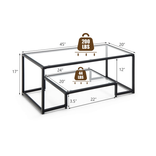 Modern 2-Tier Glass Coffee Table with Steel Frame