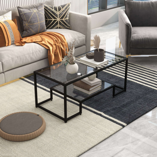 Modern 2-Tier Glass Coffee Table with Steel Frame