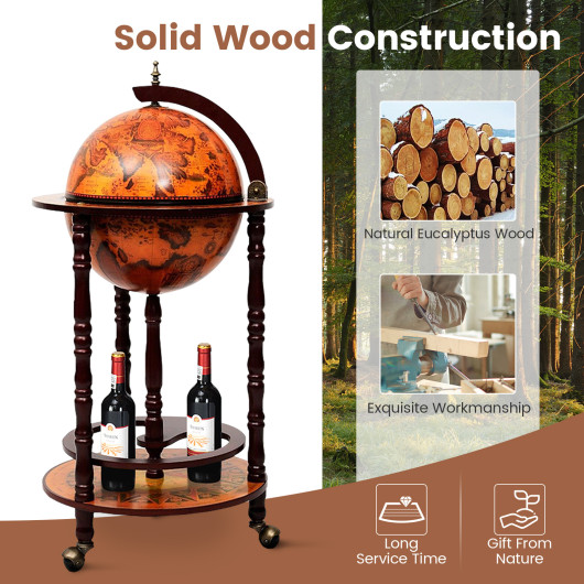 Solid Wood Globe Bar Stand with Storage and Wheels - Image 7