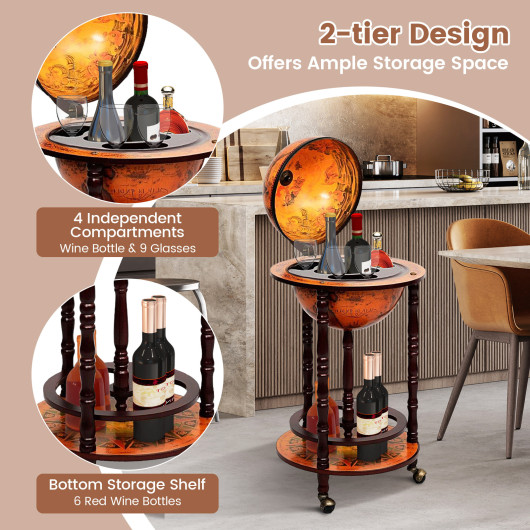 Solid Wood Globe Bar Stand with Storage and Wheels - Image 6