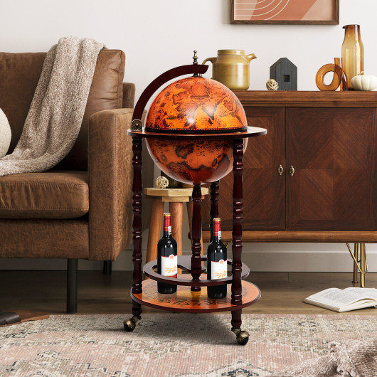 Solid Wood Globe Bar Stand with Storage and Wheels - Image 2