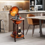 Solid Wood Globe Bar Stand with Storage and Wheels