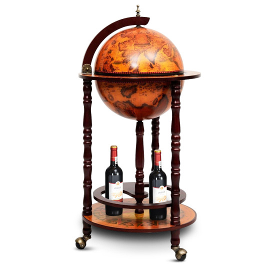 Solid Wood Globe Bar Stand with Storage and Wheels - Image 3