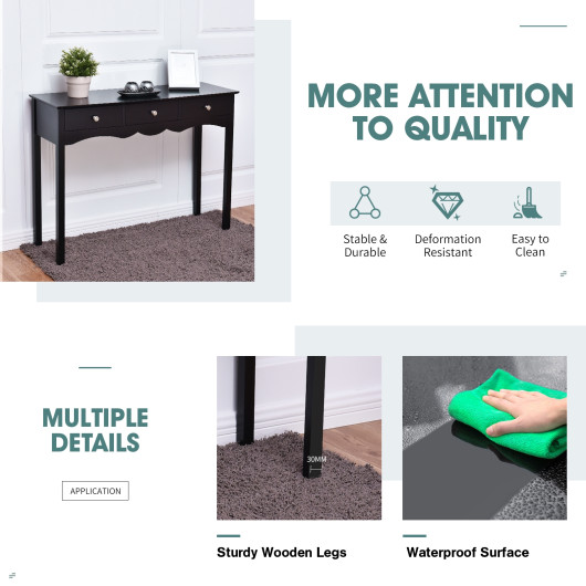 Modern Black Console Table with 3 Drawers for Entryway