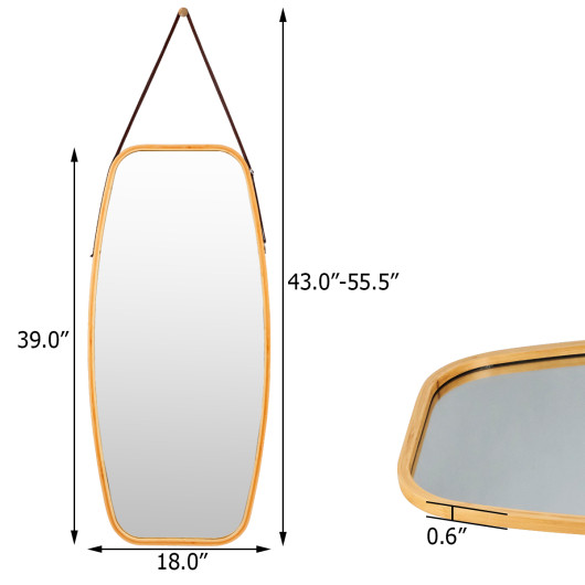 Bamboo Framed Wall Mirror with Adjustable Leather Hanging Strap