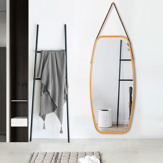 Bamboo Framed Wall Mirror with Adjustable Leather Hanging Strap